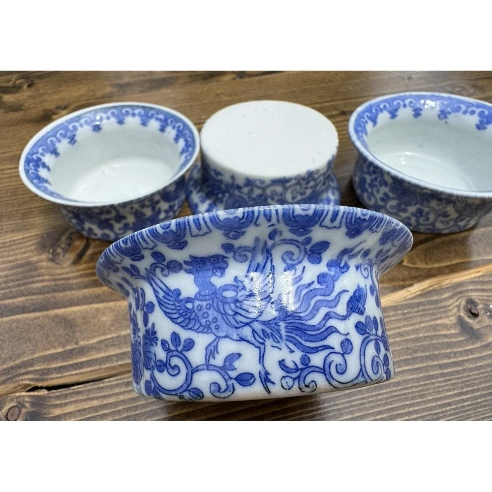 Blue White Porcelain Ramekins Set 4 Floral Bird‎ Chinoiserie Sauce Bowls